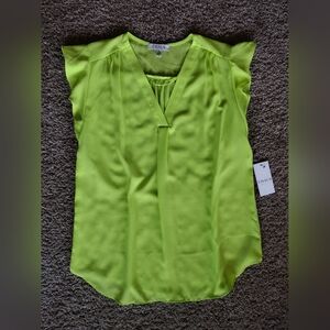 Chaus Lime Green V-neck Blouse With Ruffle Sleeves Medium NWT